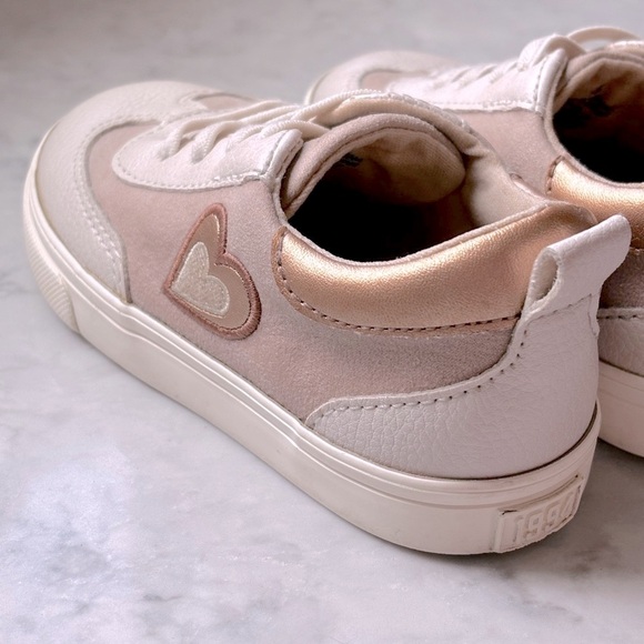 Old Navy White and Rose Gold Tan Suede Retro slip-on Sneakers with Heart Accent - Picture 2 of 5